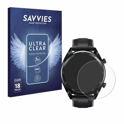 Face avant d’un emballage produit avec le logo de la marque Savvies. À côté, l’appareil Huawei Watch GT (46 mm) 2018 est repré