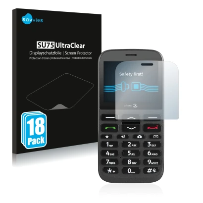 Face avant d’un emballage produit avec le logo de la marque Savvies. À côté, l’appareil Doro 1370 est représenté avec la prote