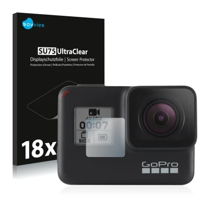 Face avant d’un emballage produit avec le logo de la marque Savvies. À côté, l’appareil GoPro Hero 7 Black (Affichage avant) e