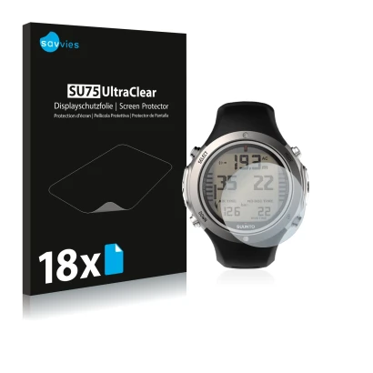 Face avant d’un emballage produit avec le logo de la marque Savvies. À côté, l’appareil Suunto D6I Novo est représenté avec la