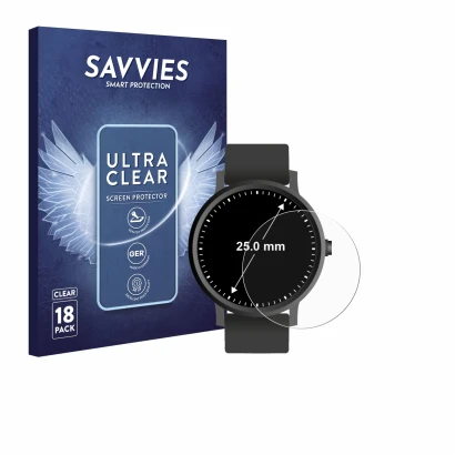 Face avant d’un emballage produit avec le logo de la marque Savvies. À côté, l’appareil Circulaire Displays (ø: 25 mm) est rep