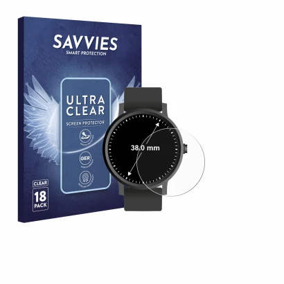 Face avant d’un emballage produit avec le logo de la marque Savvies. À côté, l’appareil Circulaire Displays (ø: 38 mm) est rep