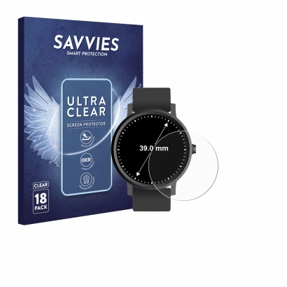 Face avant d’un emballage produit avec le logo de la marque Savvies. À côté, l’appareil Circulaire Displays (ø: 39 mm) est rep