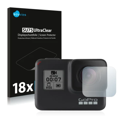 Face avant d’un emballage produit avec le logo de la marque Savvies. À côté, l’appareil GoPro Hero 7 Black (Lentille) est repr