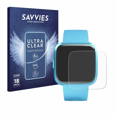 Face avant d’un emballage produit avec le logo de la marque Savvies. À côté, l’appareil Fitbit Versa Lite Edition est représen
