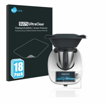 Face avant d’un emballage produit avec le logo de la marque Savvies. À côté, l’appareil Vorwerk Thermomix TM6 est représenté a