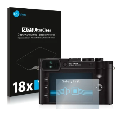 Face avant d’un emballage produit avec le logo de la marque Savvies. À côté, l’appareil Leica Q2 est représenté avec la protec