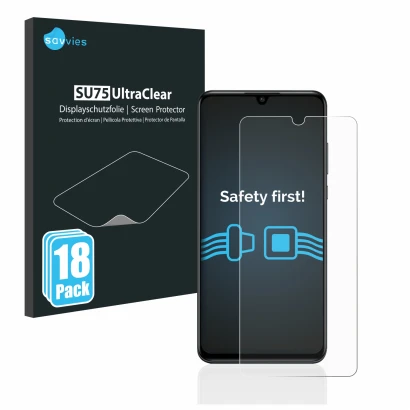 Face avant d’un emballage produit avec le logo de la marque Savvies. À côté, l’appareil Huawei P30 lite est représenté avec la