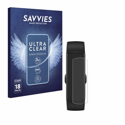 Face avant d’un emballage produit avec le logo de la marque Savvies. À côté, l’appareil Honor Band 5 est représenté avec la pr