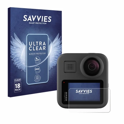 Face avant d’un emballage produit avec le logo de la marque Savvies. À côté, l’appareil GoPro Max est représenté avec la prote