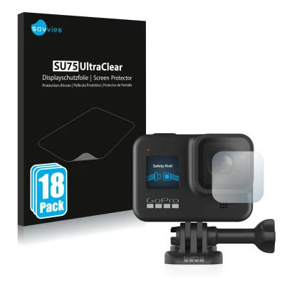 Face avant d’un emballage produit avec le logo de la marque Savvies. À côté, l’appareil GoPro Hero 8 Black (Lentille) est repr