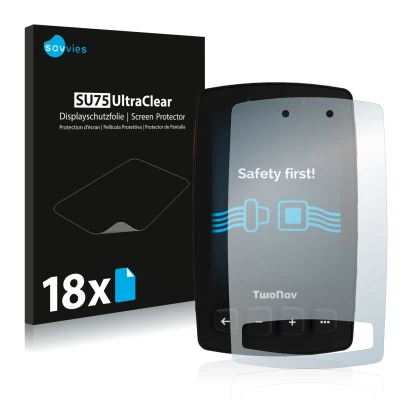 Face avant d’un emballage produit avec le logo de la marque Savvies. À côté, l’appareil TwoNav Trail 2 est représenté avec la 