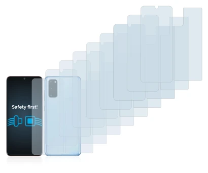 Image de l'appareil Samsung Galaxy S20 (Avant+Arrière) avec une grande variété de protections d'écran.