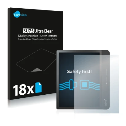 Face avant d’un emballage produit avec le logo de la marque Savvies. À côté, l’appareil Tolino Epos 2 est représenté avec la p