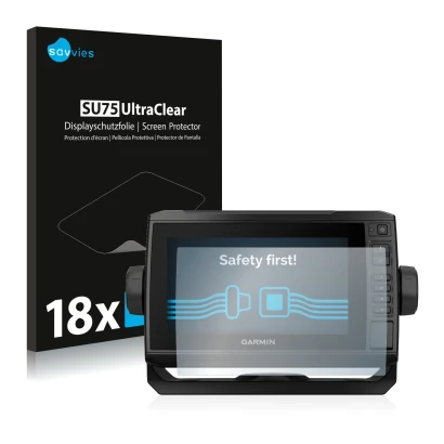Face avant d’un emballage produit avec le logo de la marque Savvies. À côté, l’appareil Garmin ECHOMAP UHD 72cv est représenté
