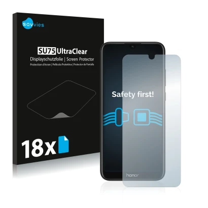 Face avant d’un emballage produit avec le logo de la marque Savvies. À côté, l’appareil Honor 8A est représenté avec la protec