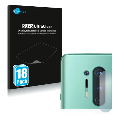 Face avant d’un emballage produit avec le logo de la marque Savvies. À côté, l’appareil OnePlus 8 Pro (Caméra UNIQUEMENT) est 