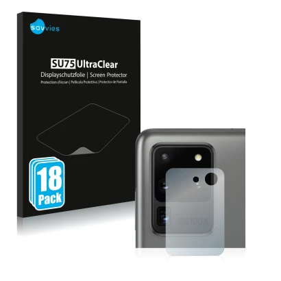 Face avant d’un emballage produit avec le logo de la marque Savvies. À côté, l’appareil Samsung Galaxy S20 Ultra (Caméra UNIQU