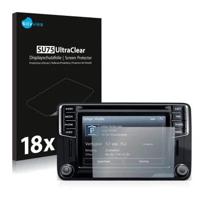 Face avant d’un emballage produit avec le logo de la marque Savvies. À côté, l’appareil Volkswagen Caddy 2015 Discover Media 6