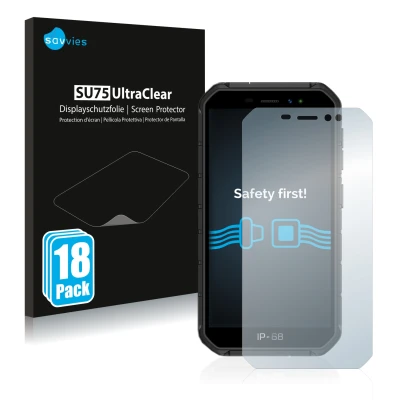 Face avant d’un emballage produit avec le logo de la marque Savvies. À côté, l’appareil Ulefone Armor X7 Pro est représenté av