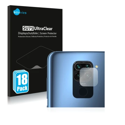 Face avant d’un emballage produit avec le logo de la marque Savvies. À côté, l’appareil Xiaomi Redmi Note 9 (Caméra UNIQUEMENT
