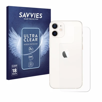 Face avant d’un emballage produit avec le logo de la marque Savvies. À côté, l’appareil Apple iPhone 12 mini (Arrière) est rep