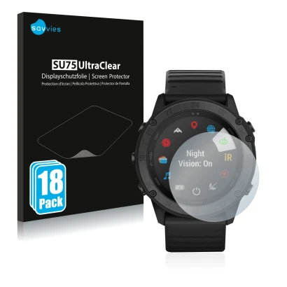 Face avant d’un emballage produit avec le logo de la marque Savvies. À côté, l’appareil Garmin Tactix Delta Solar Ballistic es