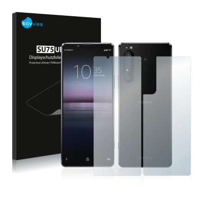 Face avant d’un emballage produit avec le logo de la marque Savvies. À côté, l’appareil Sony Xperia 1 II (Avant+Arrière) est r