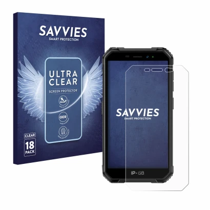Face avant d’un emballage produit avec le logo de la marque Savvies. À côté, l’appareil Ulefone Armor X6 est représenté avec l