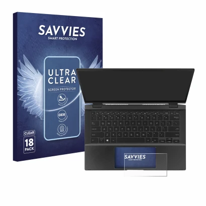 Face avant d’un emballage produit avec le logo de la marque Savvies. À côté, l’appareil ASUS ZenBook Flip 14 UX463FA (Touch Tr