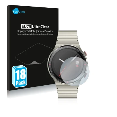 Face avant d’un emballage produit avec le logo de la marque Savvies. À côté, l’appareil Huawei Watch GT 2 Porsche Design est r