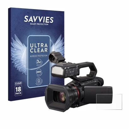 Face avant d’un emballage produit avec le logo de la marque Savvies. À côté, l’appareil Panasonic HC-X1500 est représenté avec