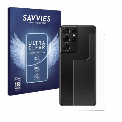 Face avant d’un emballage produit avec le logo de la marque Savvies. À côté, l’appareil Samsung Galaxy S21 Ultra 5G (Arrière) 