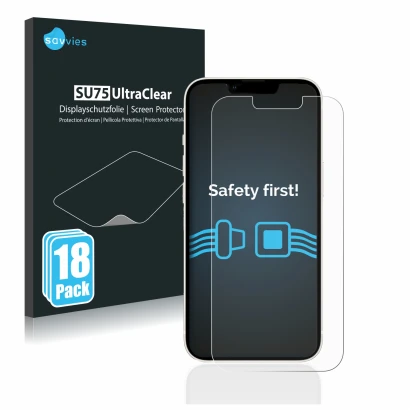 Face avant d’un emballage produit avec le logo de la marque Savvies. À côté, l’appareil Apple iPhone 13 est représenté avec la