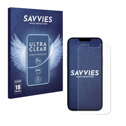 Face avant d’un emballage produit avec le logo de la marque Savvies. À côté, l’appareil Apple iPhone 13 Pro Max est représenté