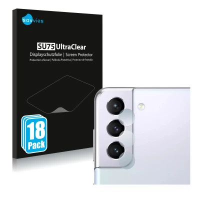 Face avant d’un emballage produit avec le logo de la marque Savvies. À côté, l’appareil Samsung Galaxy S21 (Caméra UNIQUEMENT)