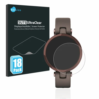 Face avant d’un emballage produit avec le logo de la marque Savvies. À côté, l’appareil Garmin Lily est représenté avec la pro