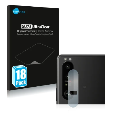 Face avant d’un emballage produit avec le logo de la marque Savvies. À côté, l’appareil Sony Xperia 1 III (Caméra UNIQUEMENT) 