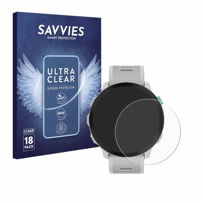 Face avant d’un emballage produit avec le logo de la marque Savvies. À côté, l’appareil Garmin Forerunner 55 est représenté av