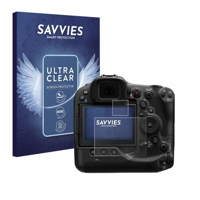 Face avant d’un emballage produit avec le logo de la marque Savvies. À côté, l’appareil Canon EOS R3 est représenté avec la pr