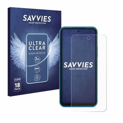 Face avant d’un emballage produit avec le logo de la marque Savvies. À côté, l’appareil Nokia XR20 est représenté avec la prot