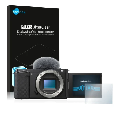 Face avant d’un emballage produit avec le logo de la marque Savvies. À côté, l’appareil Sony Alpha ZV-E10 est représenté avec 