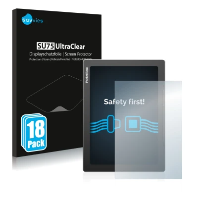 Face avant d’un emballage produit avec le logo de la marque Savvies. À côté, l’appareil PocketBook InkPad Lite est représenté 