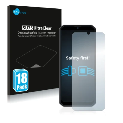 Face avant d’un emballage produit avec le logo de la marque Savvies. À côté, l’appareil Oukitel K15 Plus est représenté avec l