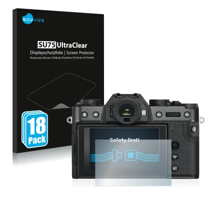 Face avant d’un emballage produit avec le logo de la marque Savvies. À côté, l’appareil Fujifilm X-T30 ll est représenté avec 