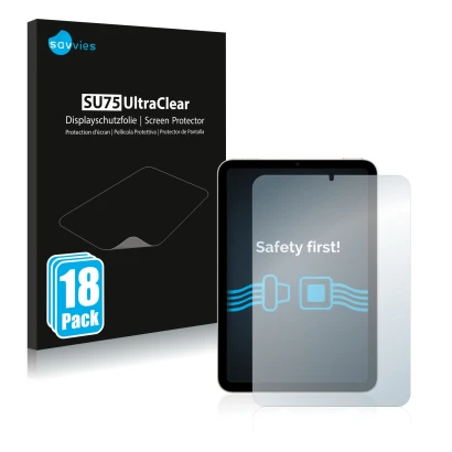 Face avant d’un emballage produit avec le logo de la marque Savvies. À côté, l’appareil Apple iPad Mini 6 2021 est représenté 