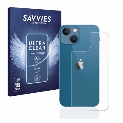Face avant d’un emballage produit avec le logo de la marque Savvies. À côté, l’appareil Apple iPhone 13 mini (Arrière) est rep