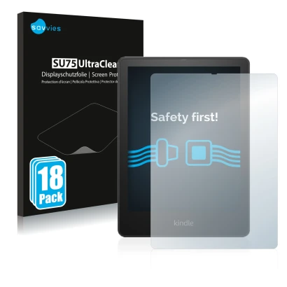 Face avant d’un emballage produit avec le logo de la marque Savvies. À côté, l’appareil Amazon Kindle Paperwhite 2021 Signatur