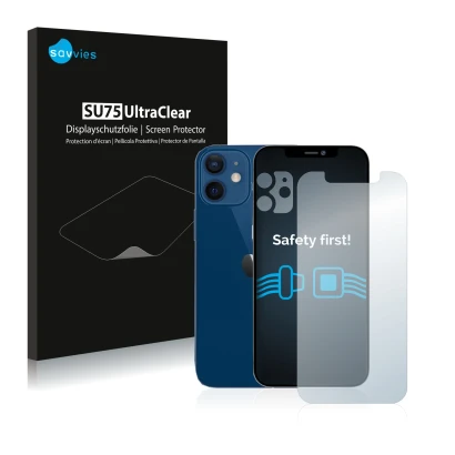 Face avant d’un emballage produit avec le logo de la marque Savvies. À côté, l’appareil Apple iPhone 12 (Avant+Caméra) est rep