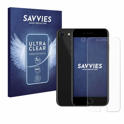 Face avant d’un emballage produit avec le logo de la marque Savvies. À côté, l’appareil Apple iPhone SE 2 2020 (Avant+Caméra) 